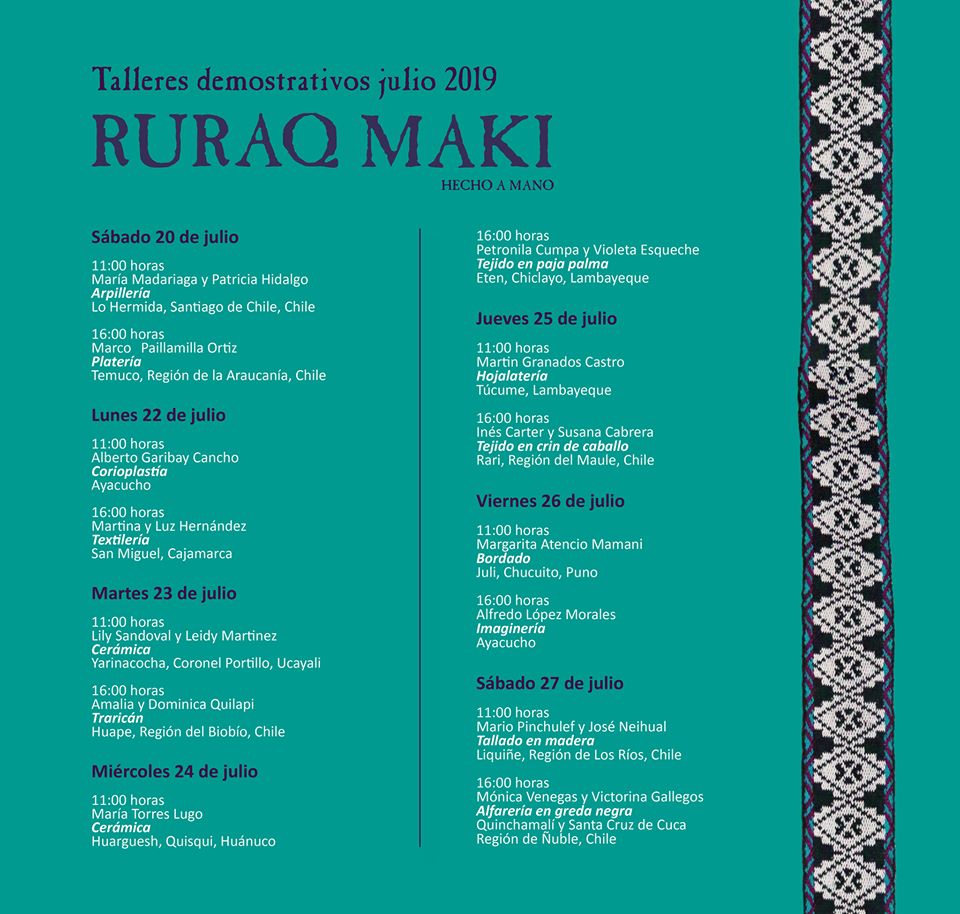 Compartimos la programación de talleres que se realizarán en la exposición de arte tradicional Ruraq Maki: Hecho a mano