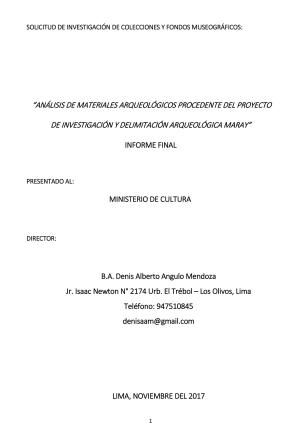 Angulo (2017) Informe del Analisis de materiales del proyecto de investigación y delimitación arqueologica Maray