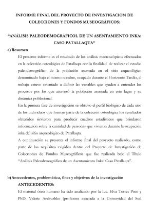 Arenas y Zapata (2018) Informe Análisis paleodemográfico de un asentamiento Inka Caso Patallaqta