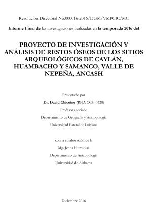 Chicoine y Hurtubise (2016) Informe Proyecto de investigacion y analisis de restos óseos Caylan, Huambacho y Samanco