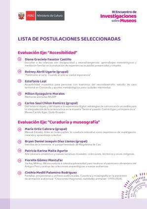 Lista de postulaciones seleccionadas. III Encuentro de Investigaciones sobre Museos