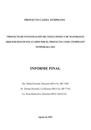 Pozorski et al. (2022) Informe Proyecto de análisis de materiales arqueológicos excavados por el Proyecto Casma Temprano