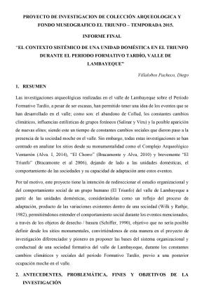 Villalobos (2023) Informe proyecto El contexto sistémico de una unidad doméstica en El Triunfo Periodo Formativo Tardío, valle de Lambayeque
